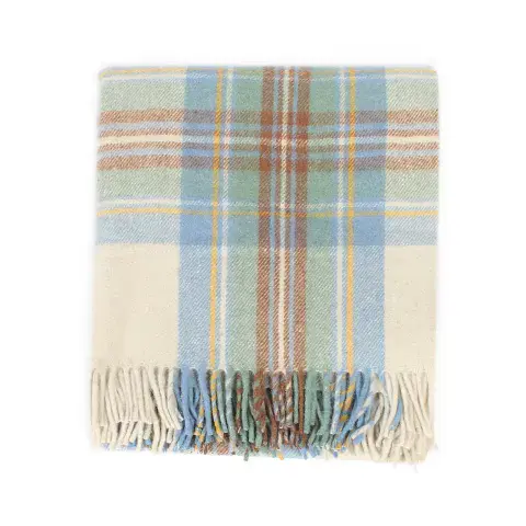 STEWART MUTED BLUE HIGHLAND WOOL BLEND TARTAN BLANKET / THROW EXTRA WARM