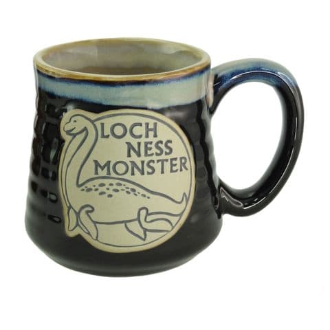 Stoneware Mug with Loch Ness Monster Design - Black, Blue, and Red - Scottish Heritage Gift