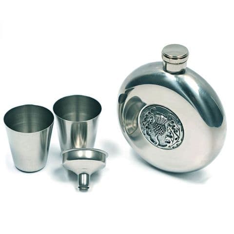 Thistle Design Hip Flask with 2 Shot Cups & Funnel – Stainless Steel, Gift Boxed, 3 Designs