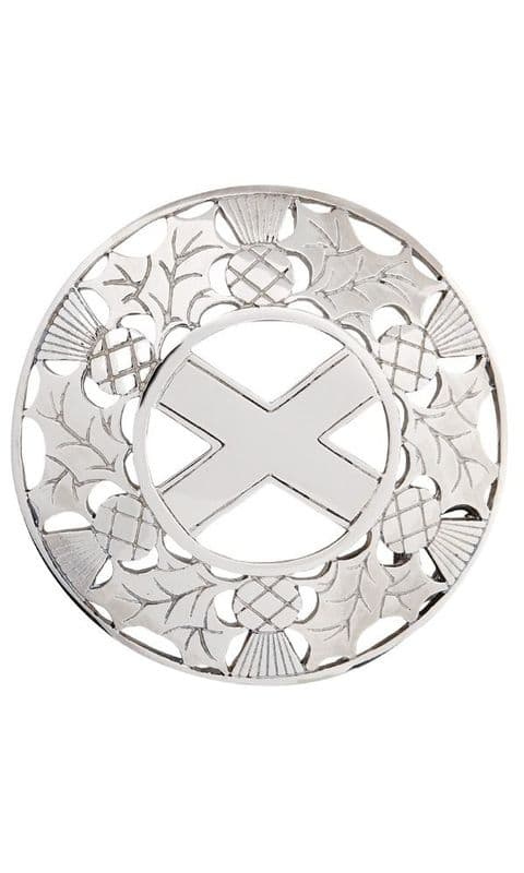 Thistle/Saltire Plaid Brooch (PB02) in Pewter, 3.5" Diameter, Black Box, Made in Scotland, Gift