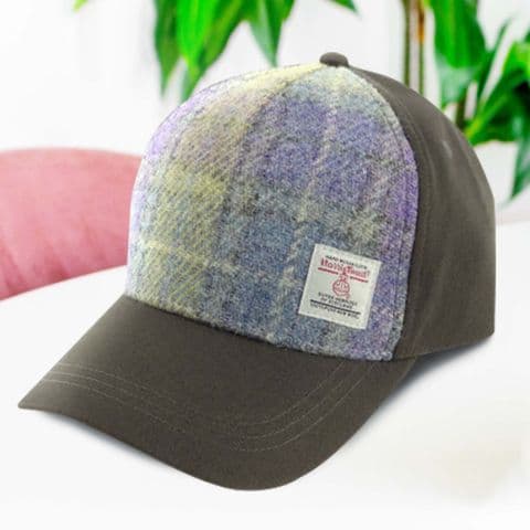 Unisex Adjustable Baseball Cap with Harris Tweed in Muted Lilac / Green Tartan BC1000-COL112
