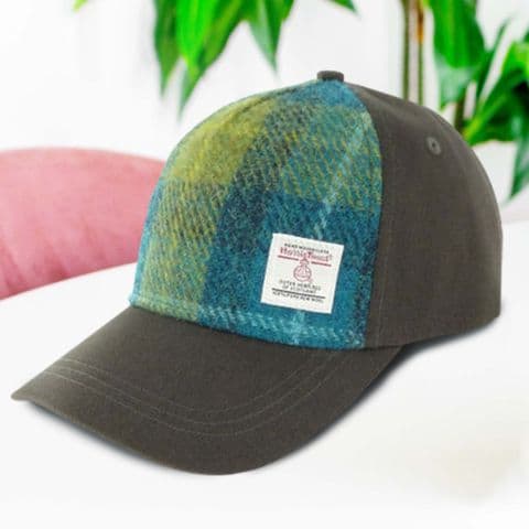 Unisex Adjustable Baseball Cap with Harris Tweed in Sea Blue / Green Check BC1000-COL114