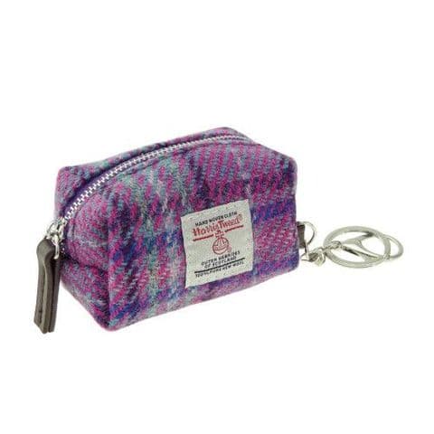 Unisex Keyring Harris Tweed Luxury Wool Tartan Micro Bag UK Gift In Purple & Mint Check LB2049 C-146