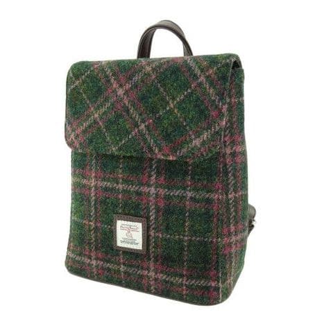 Women's Authentic Harris Tweed Fashionable Mini Backpack in Dark Green & Plum Check LB1213-COL 107
