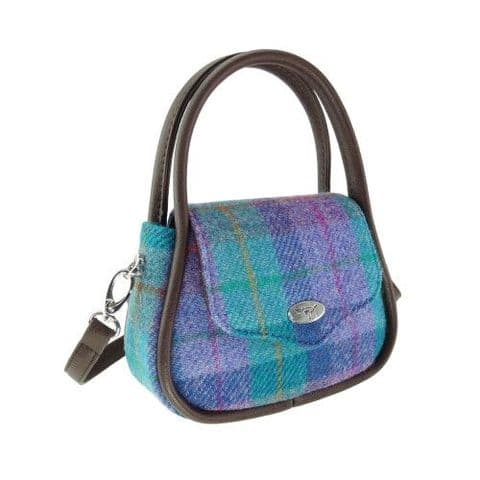 Women's Elegant Harris Tweed Round Mini Handbag in Green Purple Tartan