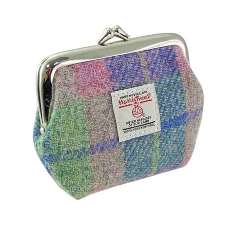 Women's Harris Tweed Coin Clasp Purse - Soft Blue and Pink Tartan - Made in Scotland - LB2035-COL135