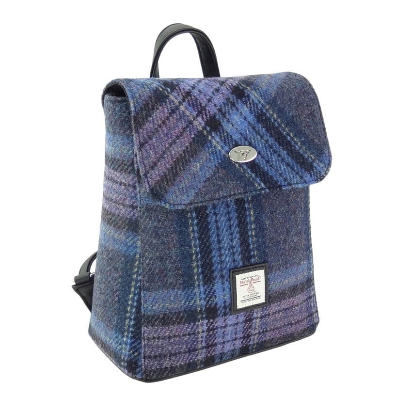Women's Harris Tweed Mini Backpack in Blue & Purple Stewart - Made in Scotland - LB1213-COL143
