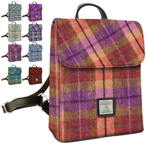 Women's Harris Tweed Mini Backpack in Peach and Purple Tartan - Made in Scotland - LB1213-COL124