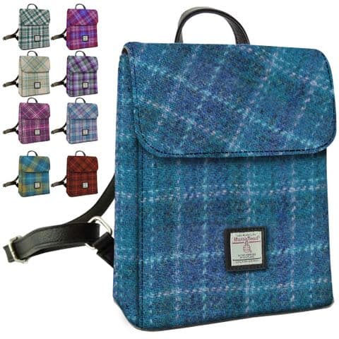 Women's Harris Tweed Mini Backpack in Sea Blue Check - Made in Scotland - LB1213-COL92
