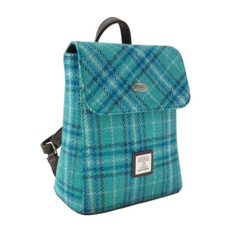 Women's Harris Tweed Mini Backpack in Teal & Blue Check - Made in Scotland - LB1213-COL145