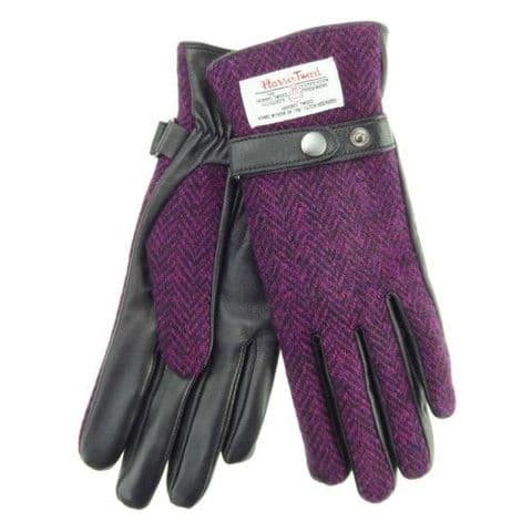 Women's Luxury Black Leather & Harris Tweed Gloves in Burgundy Herringbone LB3000-COL 67