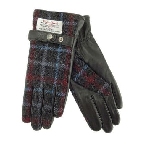Women's Luxury Black Leather & Harris Tweed Gloves in Charcoal & Blue Check LB3000-COL 48