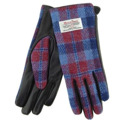 Women's Luxury Black Leather & Harris Tweed Gloves in Light Blue & Pink Check LB3000-COL 53