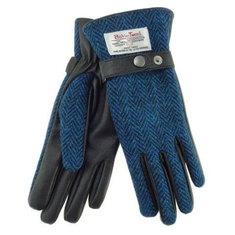 Women's Luxury Black Leather & Harris Tweed ( Medium ) Gloves in Deep Blue Herringbone LB3000-COL 66