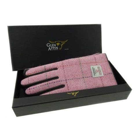 Women's Luxury Brown Leather & Harris Tweed Gloves in Bright Pink Check LB3011-COL 68