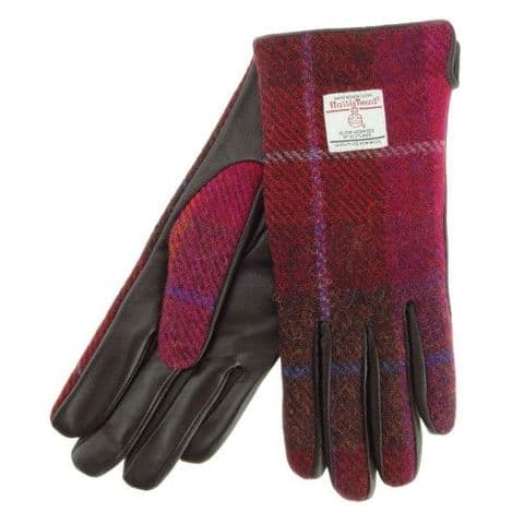 Women's Luxury Brown Leather & Harris Tweed Gloves in Dark Pink Tartan LB3001-COL 52