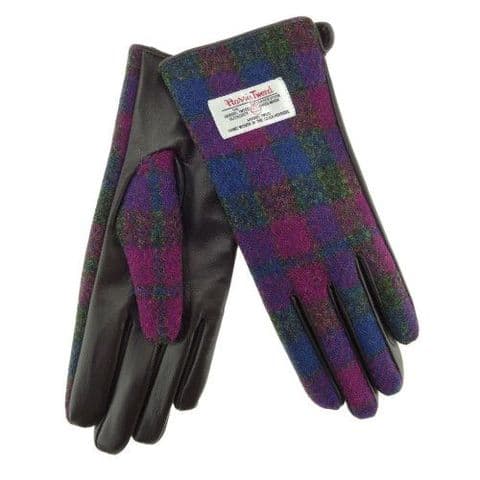 Women's Luxury Brown Leather & Harris Tweed Gloves in Heather Check LB3001-COL 54