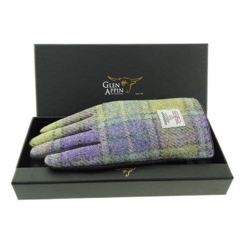 Women's Luxury Brown Leather & Harris Tweed Gloves in Lilac/Green Check LB3011-COL 112