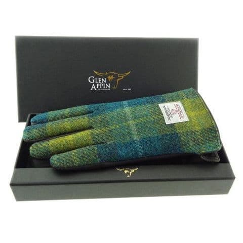 Women's Luxury Brown Leather & Harris Tweed Gloves in Sea Blue/Green Tartan LB3011-COL 114