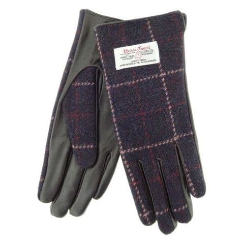 Women's Luxury Brown Leather & Harris Tweed ( Medium ) Gloves in Wine/Pink Check LB3001-COL 39