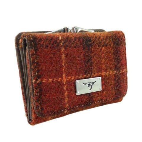 Women's Unique Handmade Harris Tweed Clasp Purse in Brown & Orange Check LB2113-COL 117