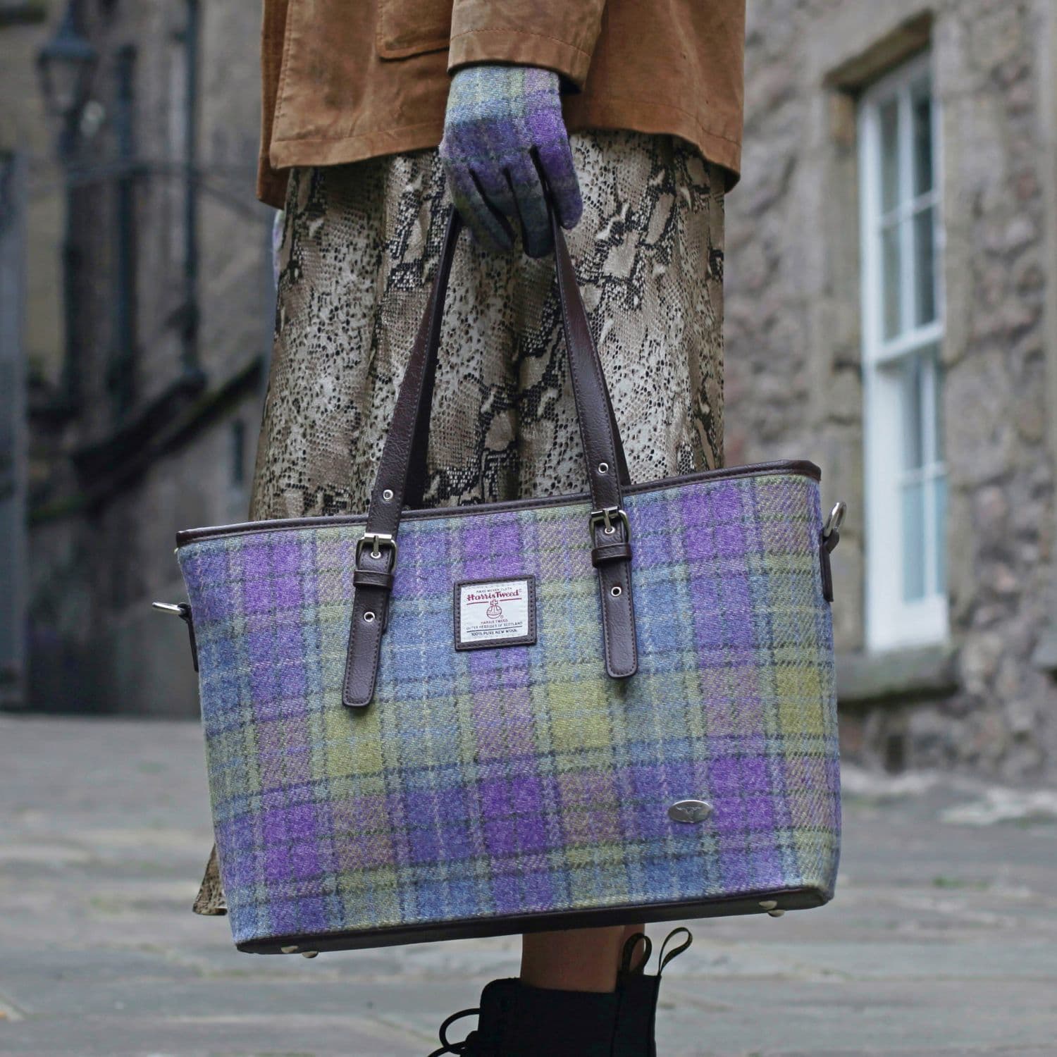 Women s Unique Harris Tweed Tote Handbag in Lilac/Green Check LB1028 ...