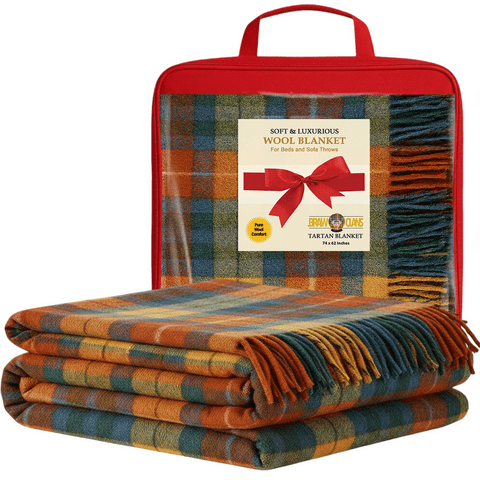Wool Blend comfort Tartan Blankets for beds, Sofa throws - large 74x62"- Buchanan Antique