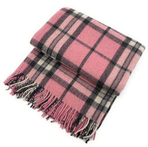 Wool/Blend comfort Tartan Blankets for beds, Sofa throws - large 74x62"- THOMSON PINK Tartan
