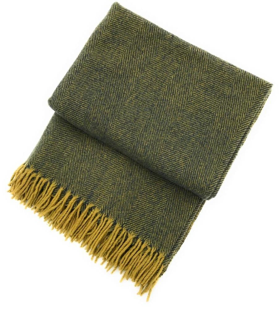 Wool Blend Navy Blue Ochre Yellow Herringbone Blanket Throw Brand New