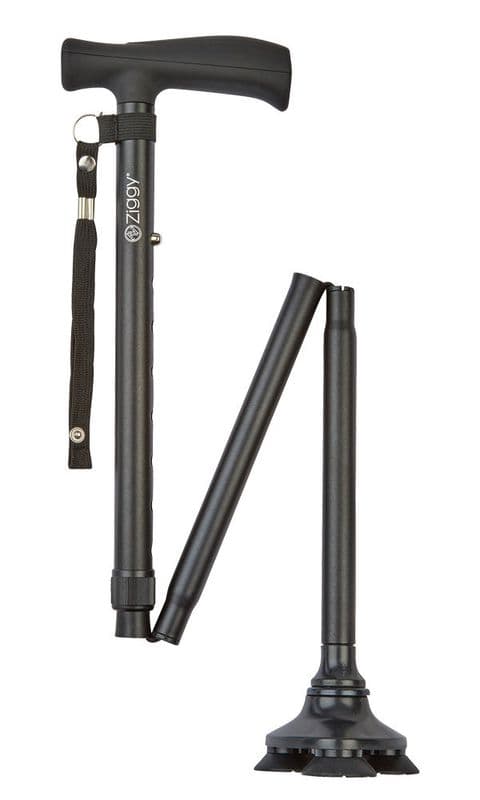 Ziggy Tribase Folding Walking Stick - Height Adjustable, Lightweight Aluminium, 3 Rubber Feet for Stability