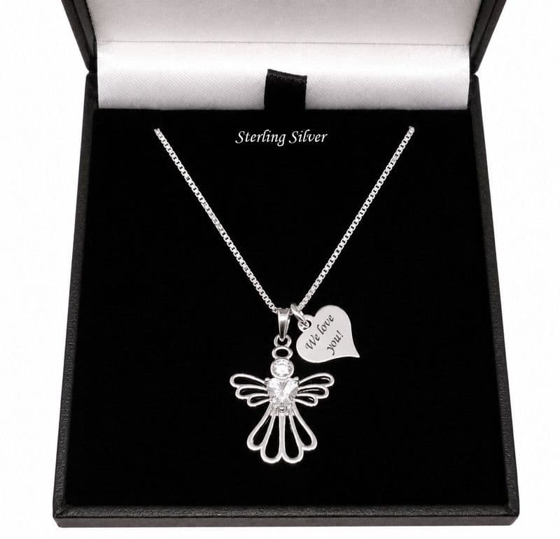 925 Sterling Silver Angel Necklace with Personalised Engraved Heart Charm | Heavens Blessings
