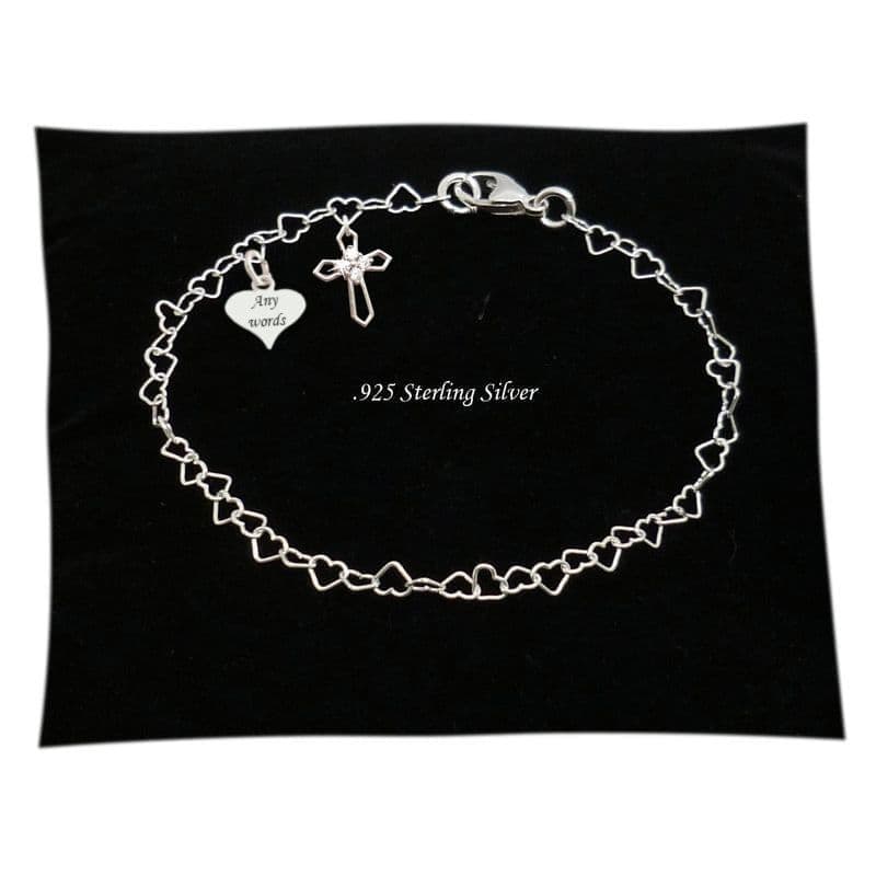 925 Sterling Silver Bracelet with Cross and Engraving on Heart | Heavens Blessings