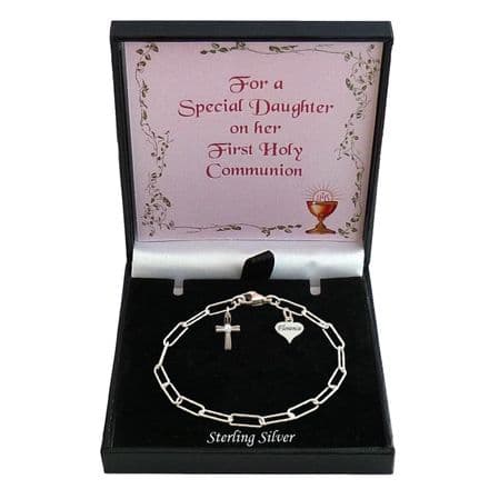 925 Sterling Silver Bracelet with Cross & Engraved Tag, First Holy Communion Gift