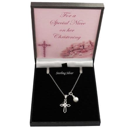 925 Sterling Silver, Cross and Pearl Necklace with Cubic Zirconia, Christening Day Gift
