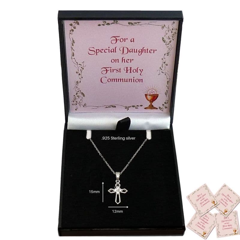 925 Sterling Silver Cross Necklace,  Gift for a Girl's First Holy Communion, Cubic Zirconia Crystals | Heavens Blessings