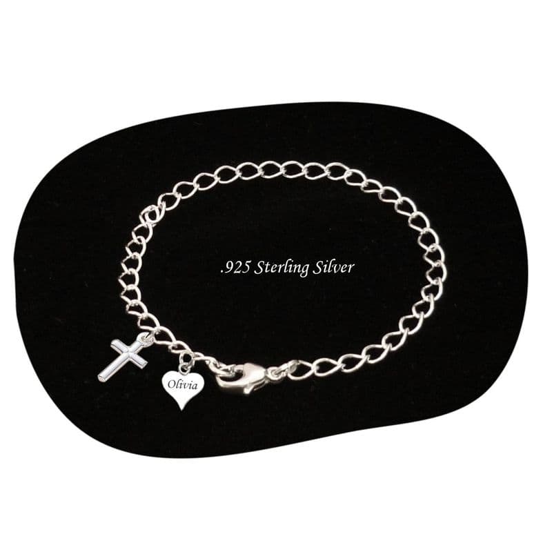 925 Sterling Silver Engraved Heart Tag Bracelet with Cross Charm | Heavens Blessings