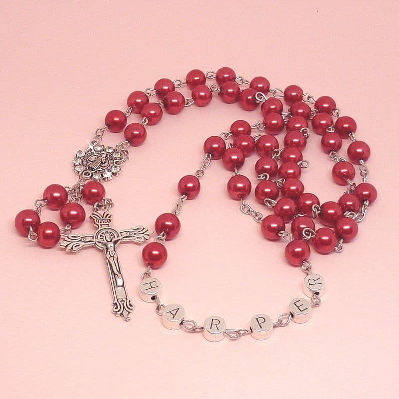 Any Name, Red Pearl Rosary with a Sparkling St. Benedict Centrepiece | Heavens Blessings