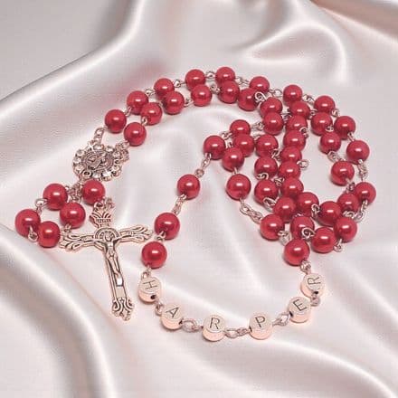Any Name, Red Pearl Rosary with a Sparkling St. Benedict Centrepiece