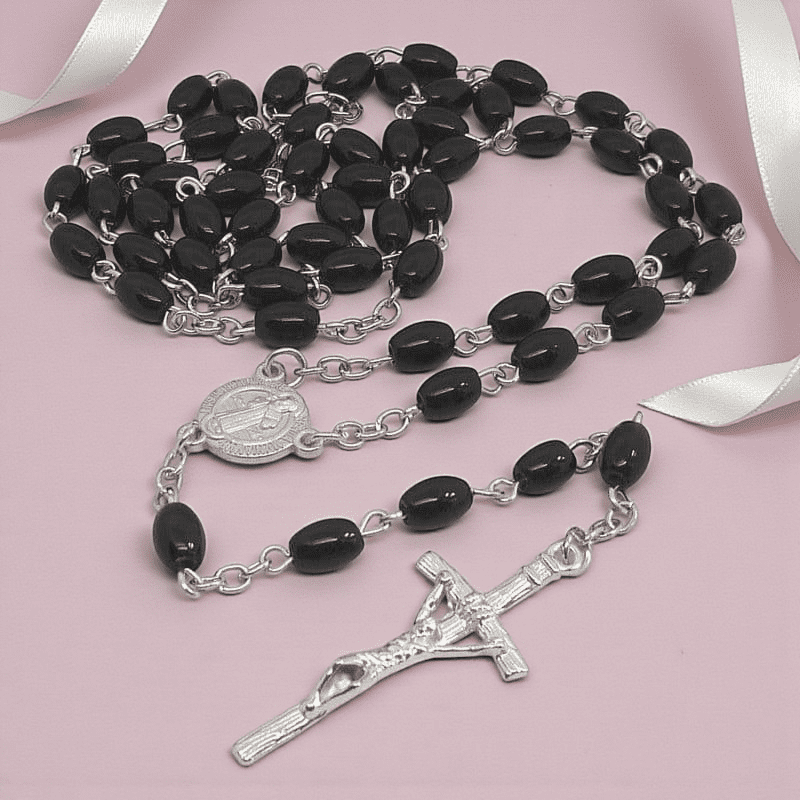 Black Oval Bead Rosary with a Saint Benedict Centrepiece | Heavens ...