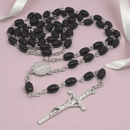 Black Oval Bead Rosary with a Saint Benedict Centrepiece