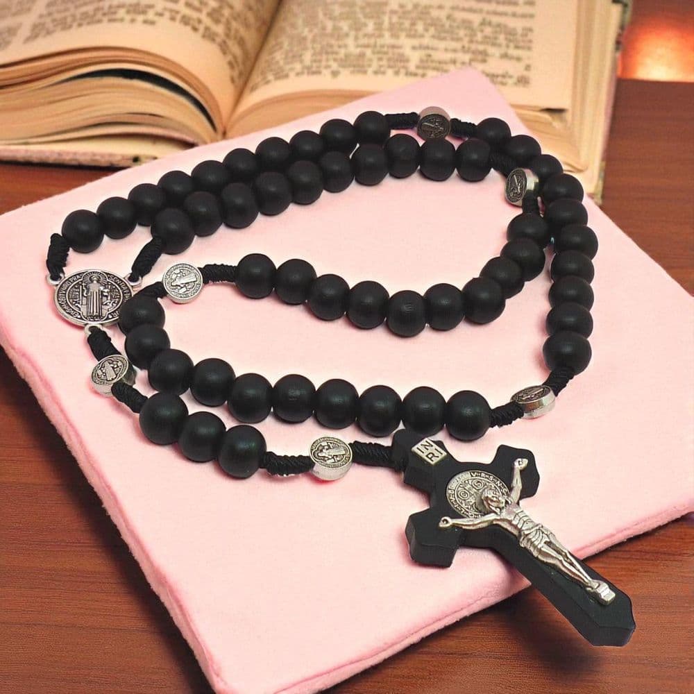 Black Wooden Rosary, Saint Benedict Centrepiece and Our Father Beads ...