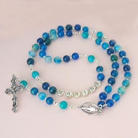 Blue Lines Agate Rosary Beads with Name