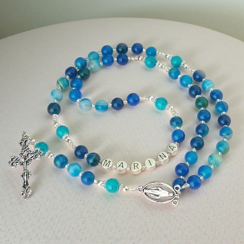 Blue Lines Agate Rosary Beads with Name | Heavens Blessings