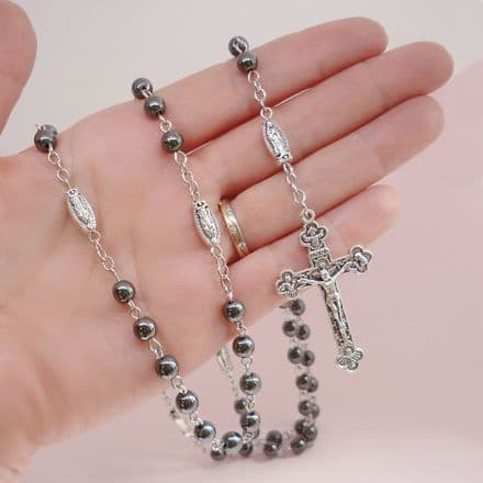 Boy's Rosary Beads in Black, Grey, Hematite, First Holy Communion