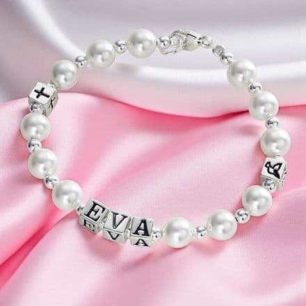 Catholic Bracelet with Any Name, Pearls and Silver Symbols
