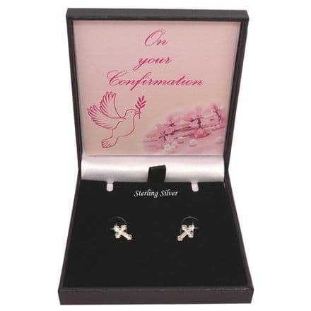 Confirmation or Baptism Earrings .925 Sterling Silver and CZ Crystal Cross Studs