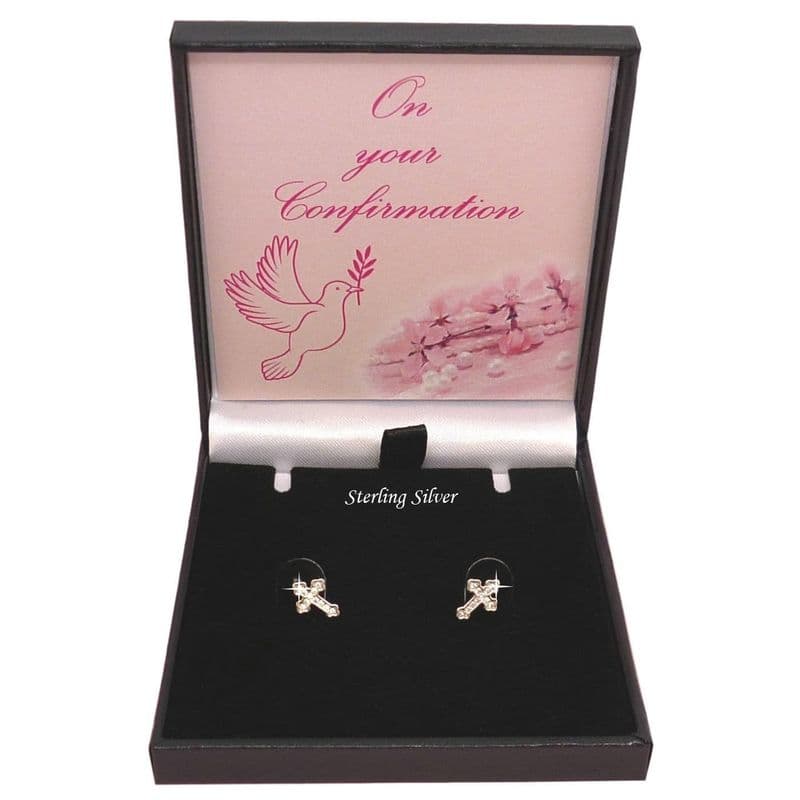 Confirmation or Baptism Earrings .925 Sterling Silver and CZ Crystal Cross Studs | Heavens Blessings