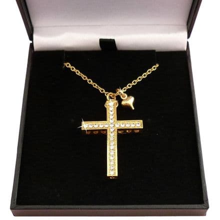 Cross and Heart Necklace with Crystal Rhinestones for Girls or Women 18k Gold Plated
