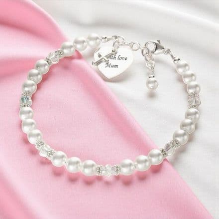 Cross and Heart Personalised Pearl Bracelet