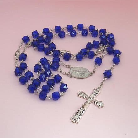 Dark Blue, Crystal Cube Rosary Beads with Crucifix and Mary Centrepiece